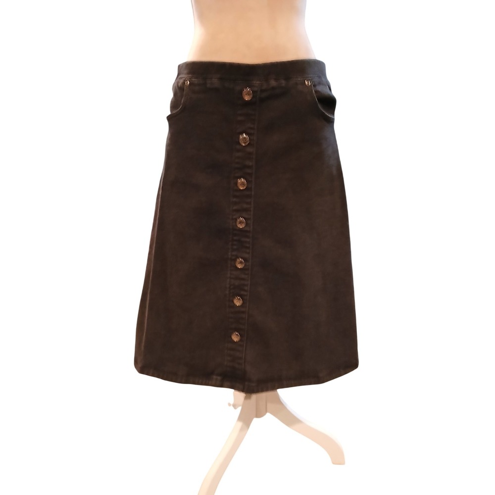 Appleseeds Womens Black Denim Button Front Midi Skirt Size Medium Stretch A-Line